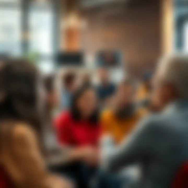 A group of diverse people talking and sharing ideas about their common experiences, fostering a sense of connection.