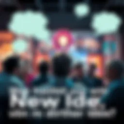 A group of people discussing a new idea with thought bubbles above their heads