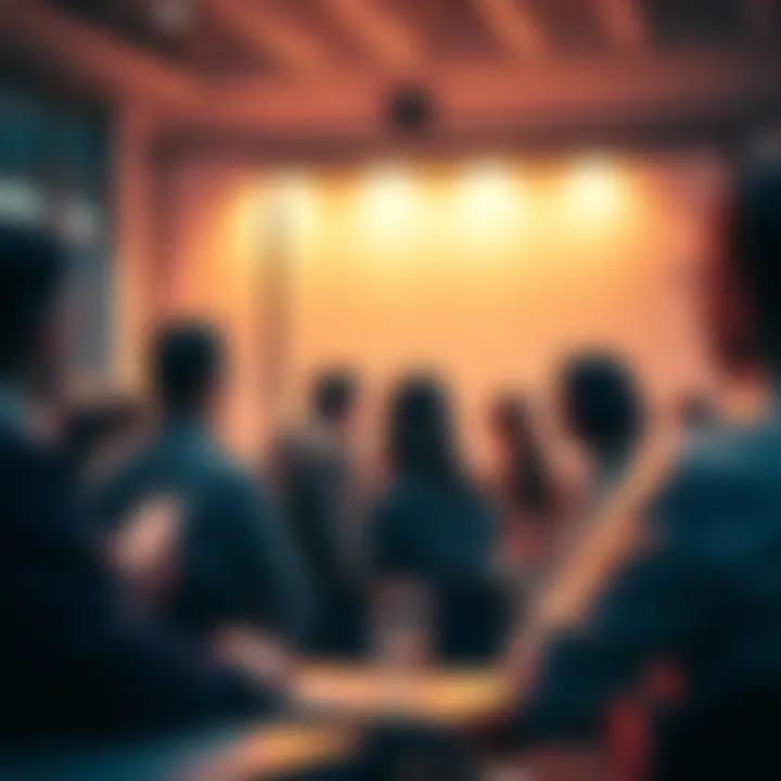 A group of people engaged in a conversation, sharing ideas and asking questions in a forum setting.