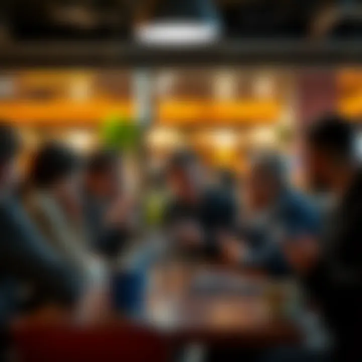 A group of people talking about reloads at a cafe, sharing opinions and looking at their devices.