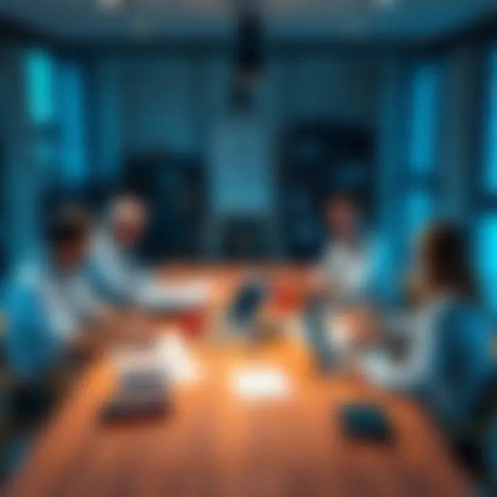 A group of people sitting around a table discussing various topics with papers and laptops