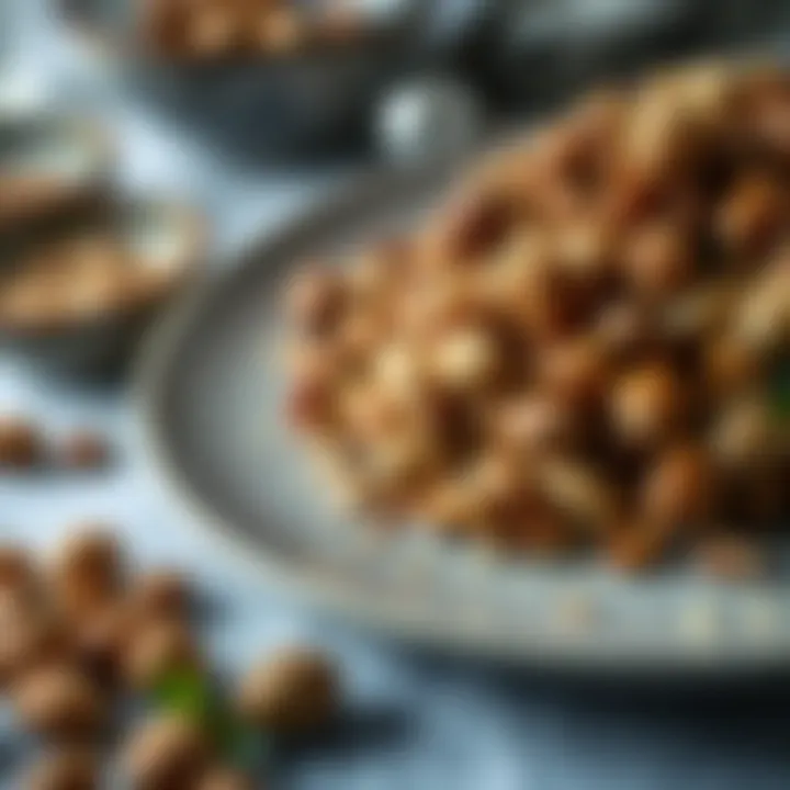 Dish covered in nuts A plate of food smothered in a variety of nuts, showcasing its rich and textured appearance.