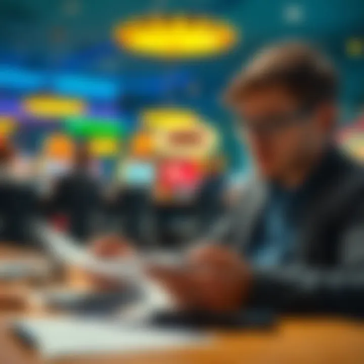 Disputing Credit Card Charges A person reviewing their credit card statement with suspicious charges from an online casino, looking concerned and taking notes.