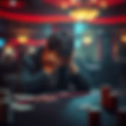 A distressed gambler sitting at a table A person with their head down at a gambling table, showing signs of distress after a loss