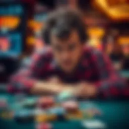A distressed gambler looking at casino chips A worried person sitting at a casino table, surrounded by chips and cards, reflecting on gambling losses