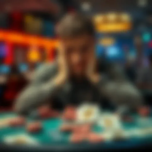 Individual with head in hands, surrounded by gambling chips and bills, reflecting on debt and seeking support