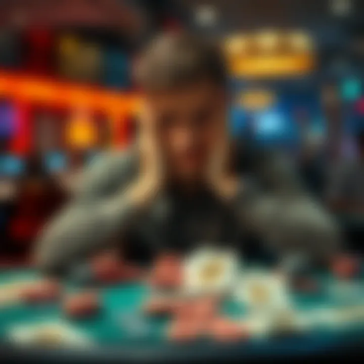 Individual with head in hands, surrounded by gambling chips and bills, reflecting on debt and seeking support