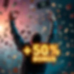 A person celebrating with hands raised, surrounded by money and a '+50% Bonus' sign, representing a betting promotion.