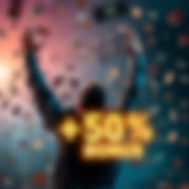 A person celebrating with hands raised, surrounded by money and a '+50% Bonus' sign, representing a betting promotion.