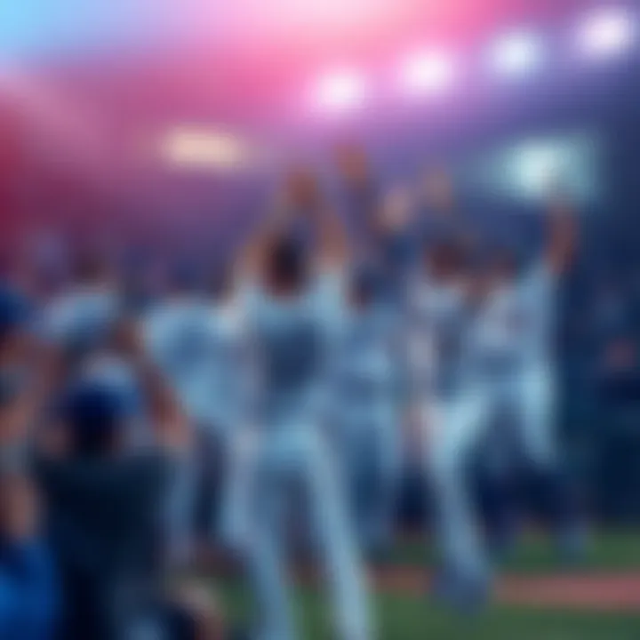 Dodgers players celebrating during Game 7, fans cheering in the stands, excitement in the air