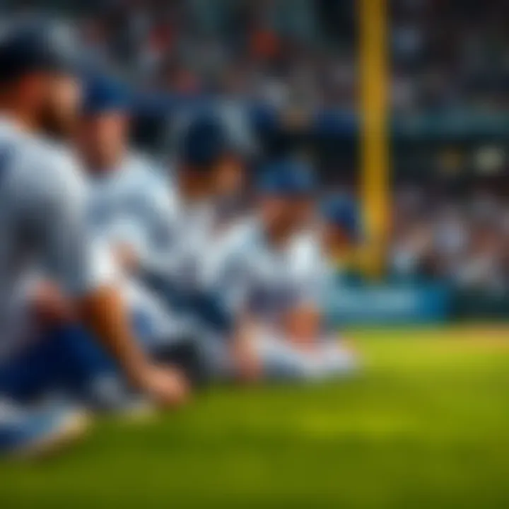 Los Angeles Dodgers players concentrate on the field during an important game, showcasing determination and teamwork.