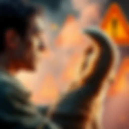 A person looking concerned while holding a dog's tail, with warning symbols in the background