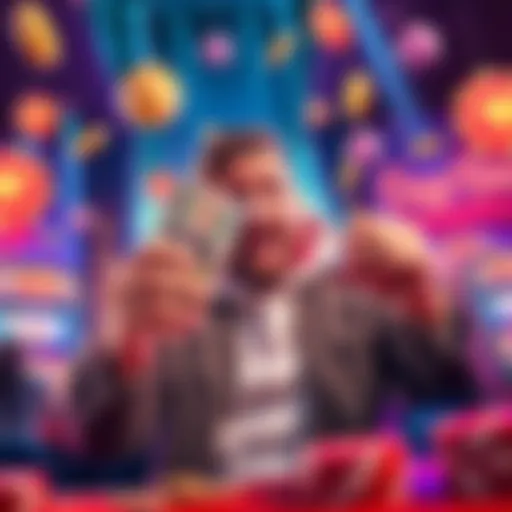 A person celebrating while holding a cash bonus at Dogg House Casino, with a colorful background and casino elements.