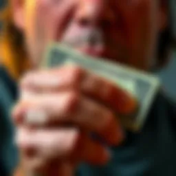 A person holding a dollar bill with a bold expression A close-up of a hand gripping a dollar bill, symbolizing bold bets and decisions, with a surprised expression on the person's face.