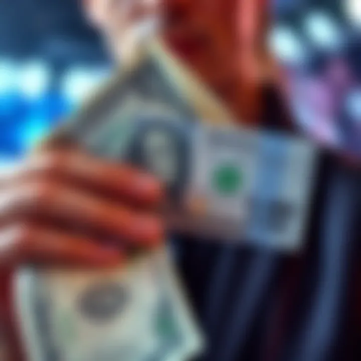 Close-up of a person holding a dollar bill next to a betting slip showing odds of 1.40