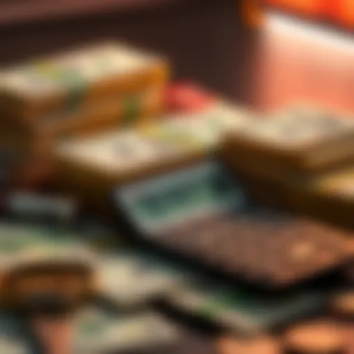 A visual representation of converting a large amount of money into a smaller monthly income, showing stacks of money and a calculator.