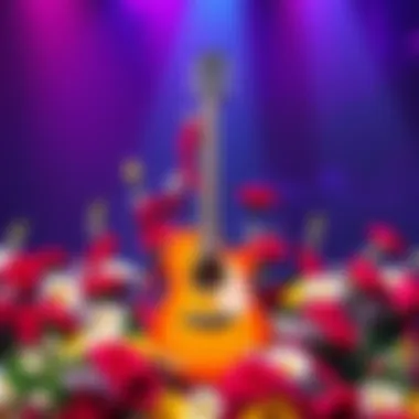 A tribute display featuring Dolly Parton's iconic guitar and flowers, honoring her legacy in country music.