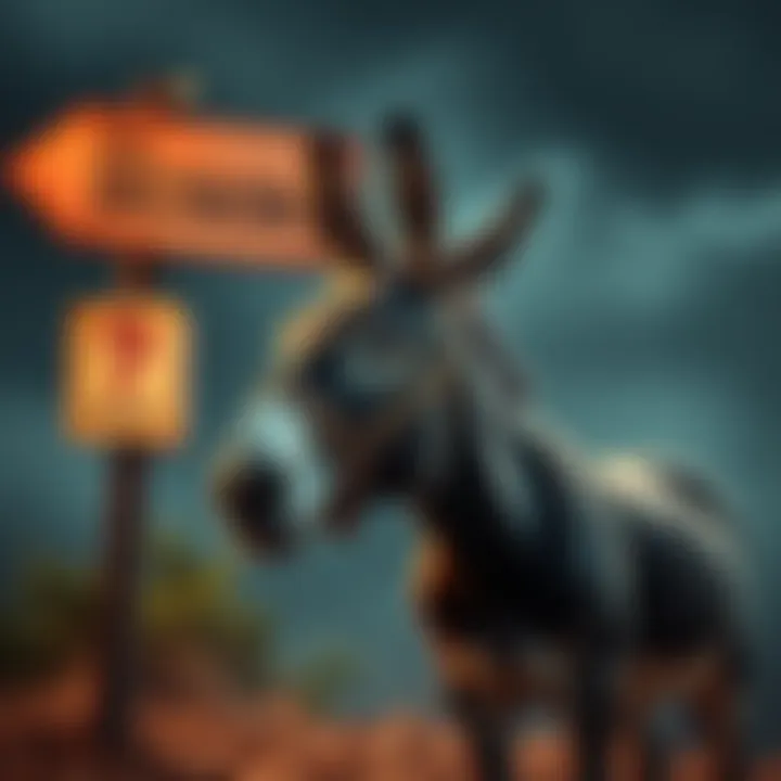 A donkey standing in front of a signpost with questionable decision signs