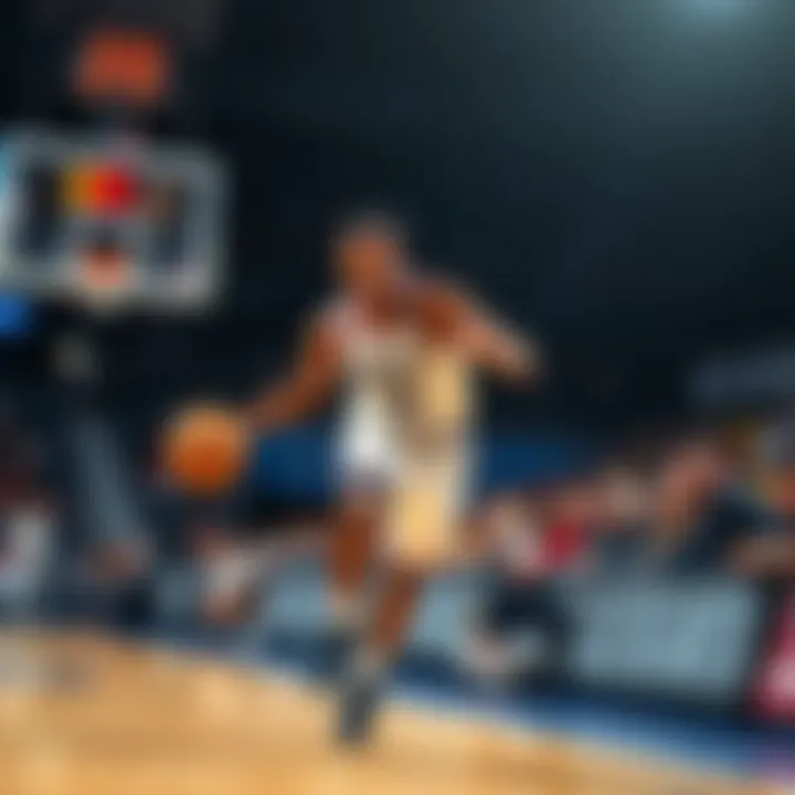 Donovan Mitchell dribbling the basketball on the court during a game, showcasing his skills while fans watch in the background.