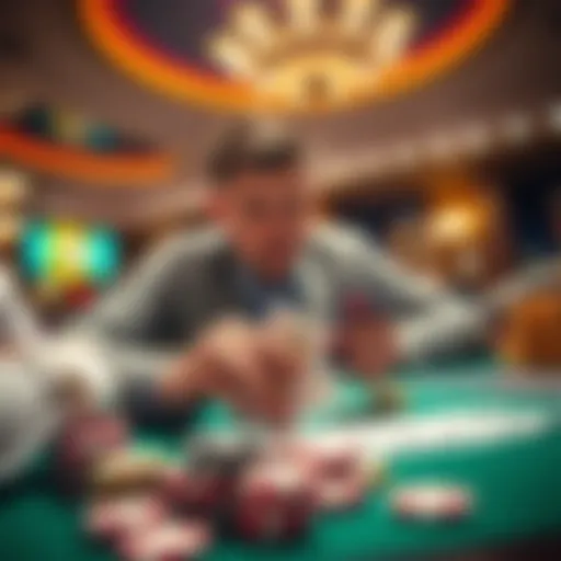 A player focusing on a Double-Deck card game in a casino, with chips and cards on the table, showcasing strategic betting tactics.