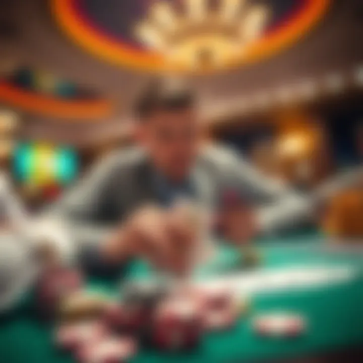 A player focusing on a Double-Deck card game in a casino, with chips and cards on the table, showcasing strategic betting tactics.