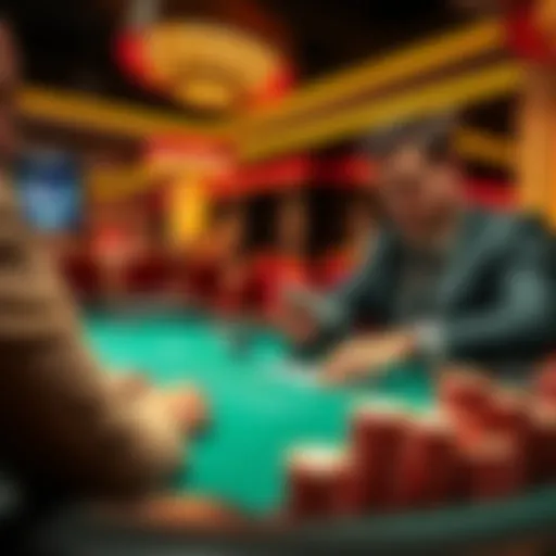 Two players focused on a Double Deck Blackjack table in a Toronto casino, cards in hand and chips stacked beside them.