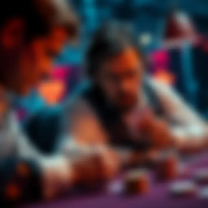 A player focused on their cards while calculating risks in Double Down Madness, with an intense dealer showing a card.