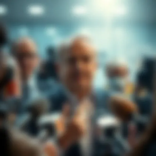 Doug addressing the 54o scandal in a news conference, outlining its impacts and background, with reporters present.