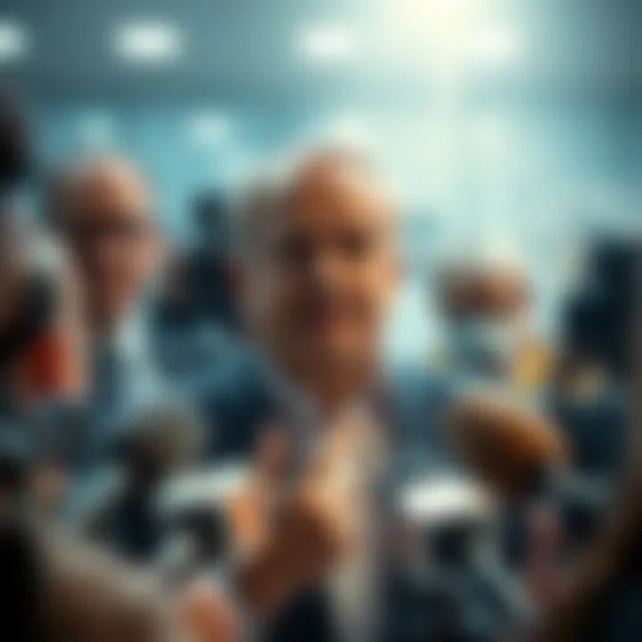 Doug addressing the 54o scandal in a news conference, outlining its impacts and background, with reporters present.