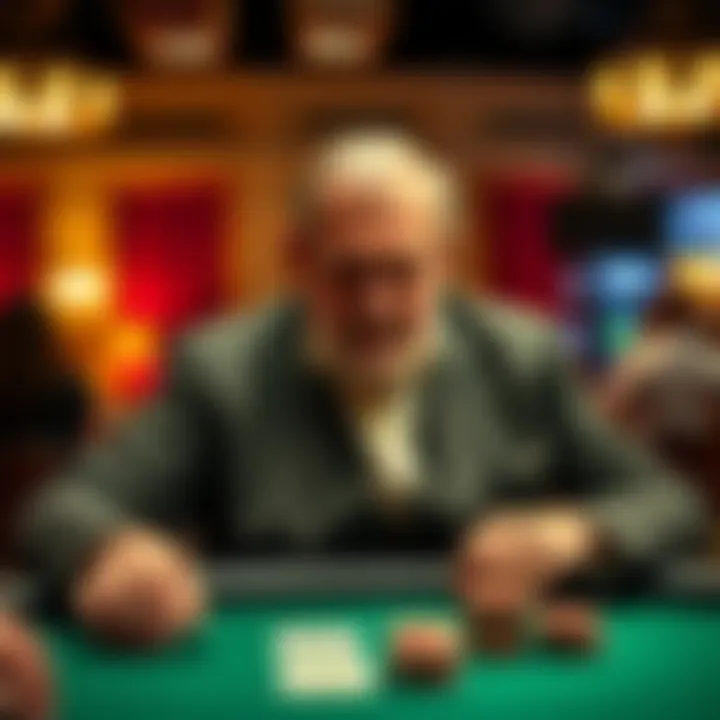 Doyle Brunson at the poker table Doyle Brunson, known as the Godfather of Poker, seated at a poker table with cards and chips, ready to play.