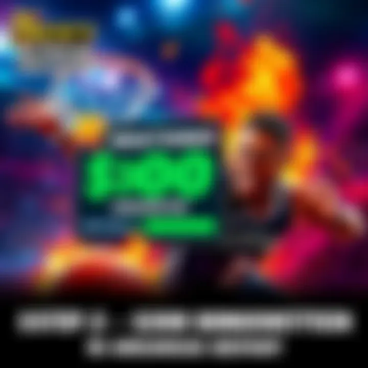 A promotional graphic showing a sports betting platform with a $5 bet leading to $300 in bonuses, featuring basketball imagery and excitement.