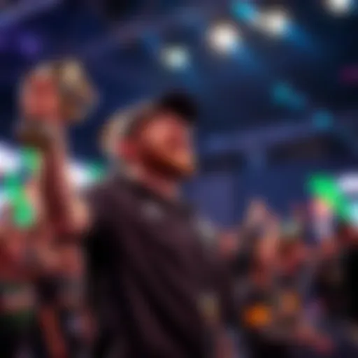 A skilled player celebrating victory at a DraftKings gaming event with a trophy in hand