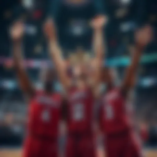 Three basketball players celebrating as 'Kings of the Courts' with a trophy and cash prizes in the background.