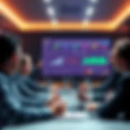 DraftKings management team discussing strategies in a conference room with charts and graphs displayed on a screen