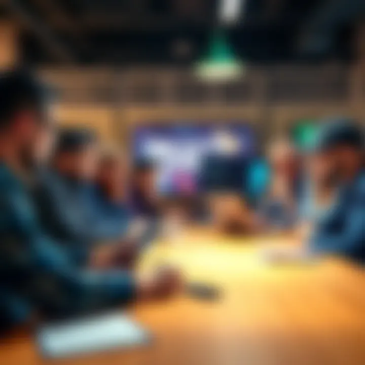 Group of people discussing the DraftKings Moneyline at a table with laptops and notepads.