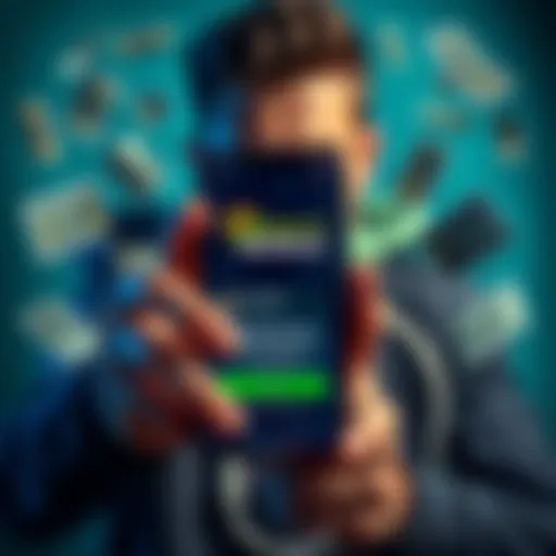 A frustrated person holding a smartphone displaying a DraftKings app, with images of debit card and money surrounding it, showing concern over withdrawal problems.
