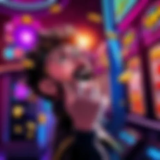 A person celebrating a big win at a Dragon Link slot machine with coins and lights flashing around.