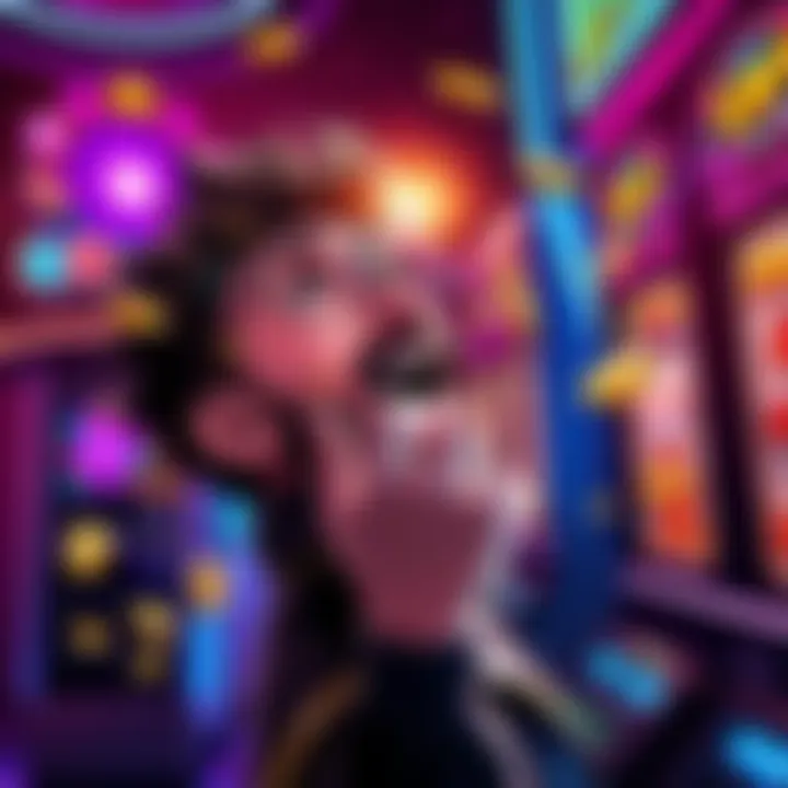 A person celebrating a big win at a Dragon Link slot machine with coins and lights flashing around.