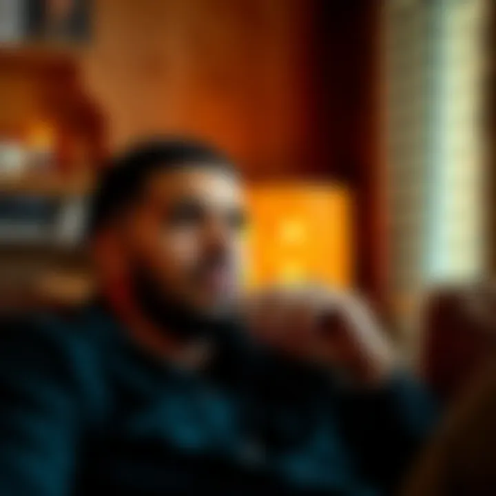 Drake relaxing at home with a thoughtful expression, showcasing his relatable side
