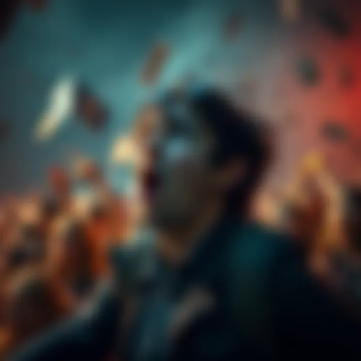 A chaotic event showing people reacting to a major failure, expressing shock and disbelief.