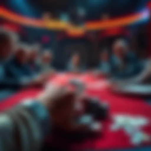 Dramatic Poker Hand A poker table showing players reacting to a surprising hand with chips and cards on the table.