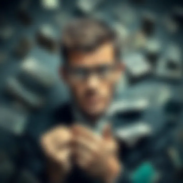 A man looking stressed surrounded by bills and empty cards, representing a fall from financial stability to debt.