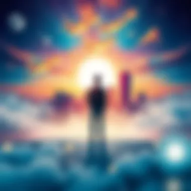 Dream and Reality A person standing between a dreamy landscape and a city skyline, representing the contrast of dreams and reality.