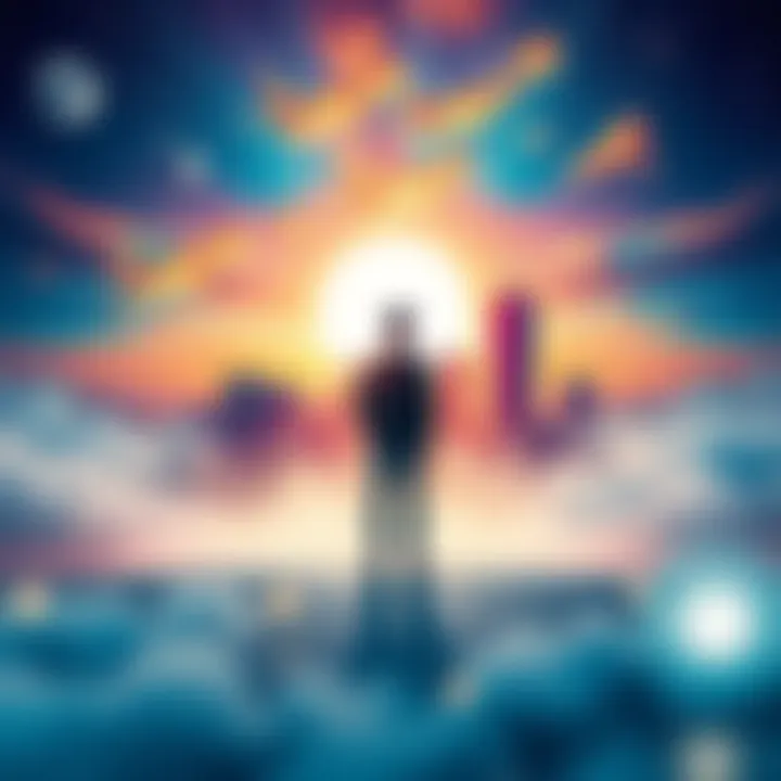 Dream and Reality A person standing between a dreamy landscape and a city skyline, representing the contrast of dreams and reality.