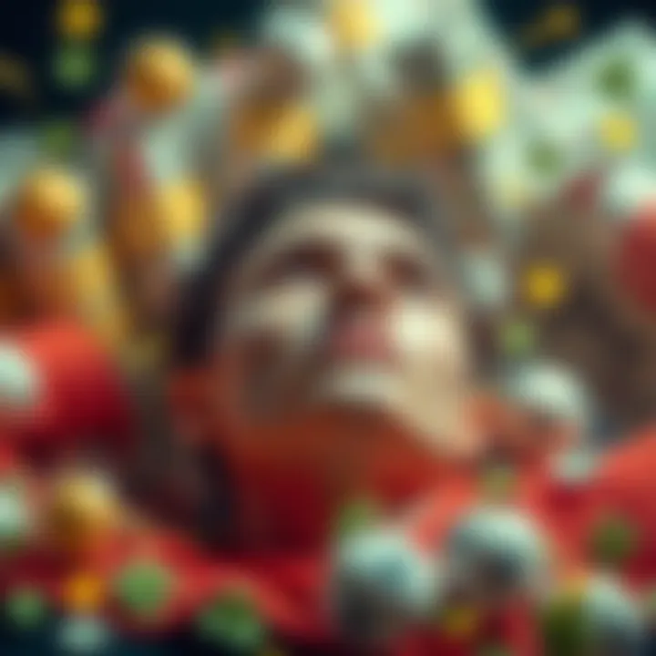 A person dreaming with a hopeful expression, surrounded by symbols of luck like four-leaf clovers and cash, representing anticipation for a Powerball win.