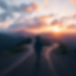 Dreams and Goals A person standing at a crossroads with multiple paths leading to distant mountains, symbolizing dreams and ambitions.