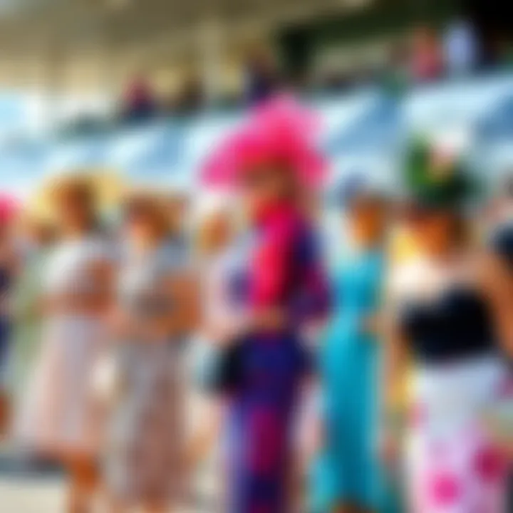 A group of people dressed in formal and stylish outfits at a horse racing event, showcasing various fashion styles, including hats and dresses, in a sunny outdoor setting.