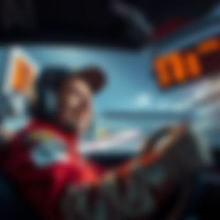 A driver smiling and celebrating a successful race while looking at the scoreboard with Ingram in the background.