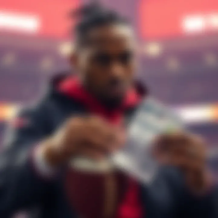 Rapper Drizzy standing with a football and betting slip, showing support for the New England Patriots in Super Bowl 2026