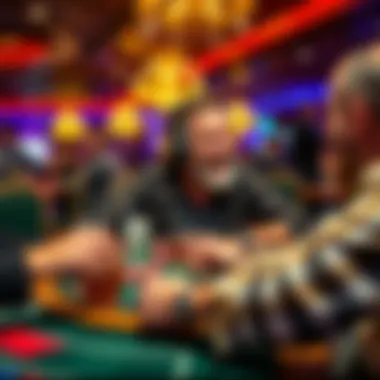 A cheerful drunk gambler at Ballys Chicago table, surrounded by chips and cash, sharing winnings with fellow players.